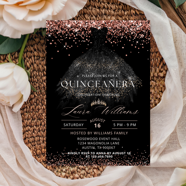 Black and Rose Gold Glitter Princess Quinceañera Invitation