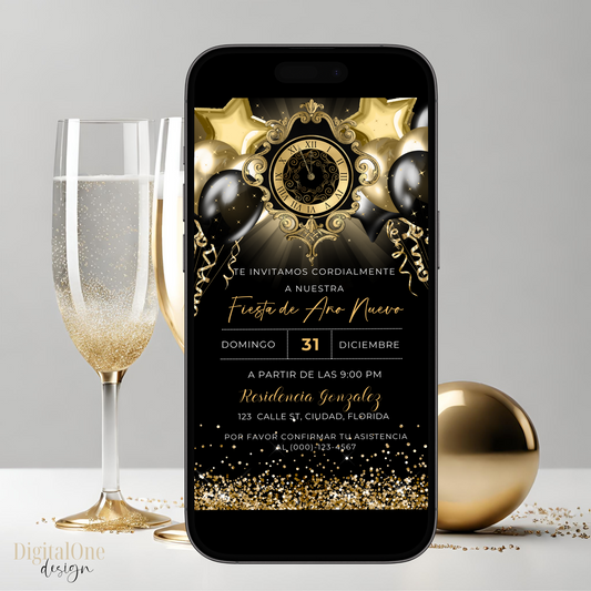 Spanish Gold Glitter Balloons and Clock Digital NYE Invite
