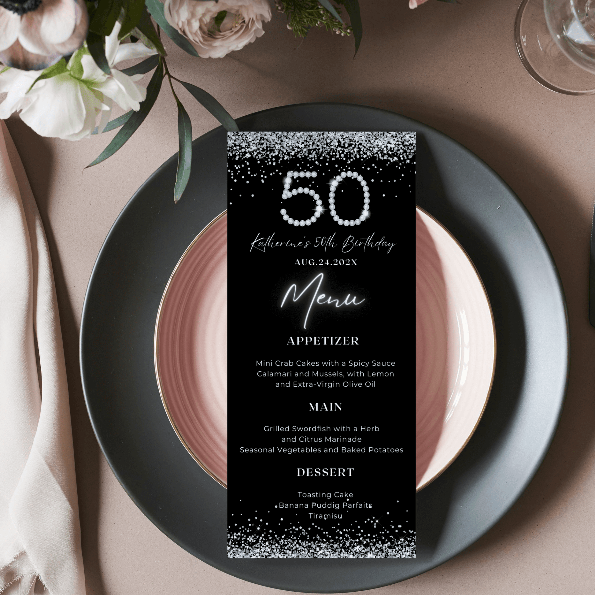 Luxury Black & Silver Glitter Menu Card Template
