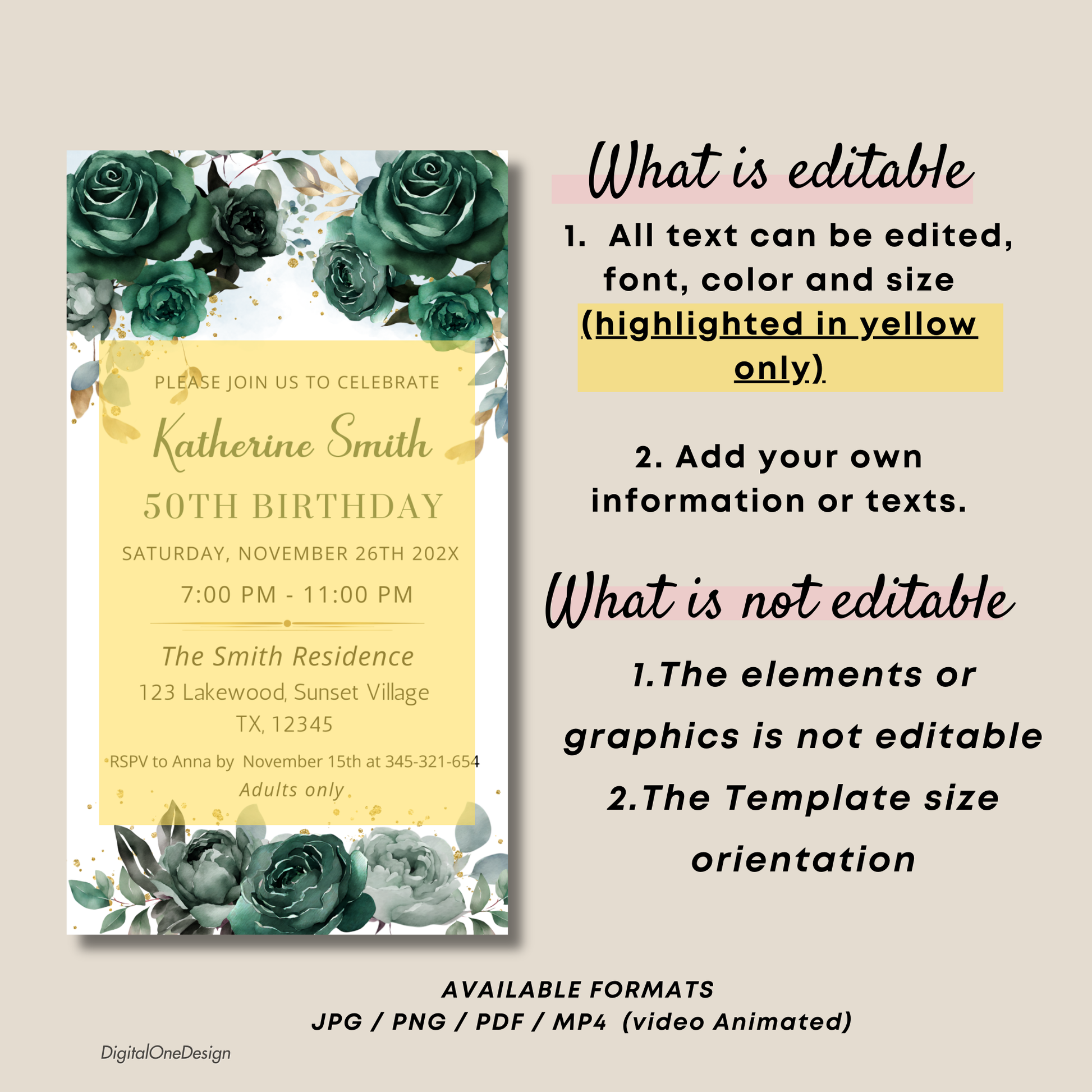 Elegant Emerald Green Floral Birthday Invitation