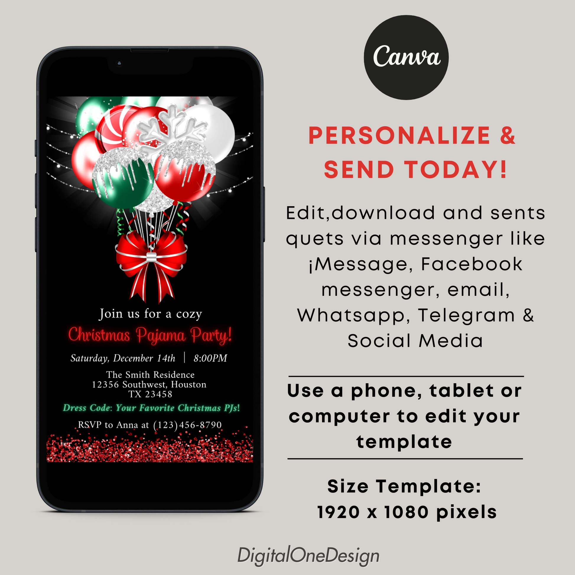 Christmas Pajama Party Invitation with Candy Cane Balloons