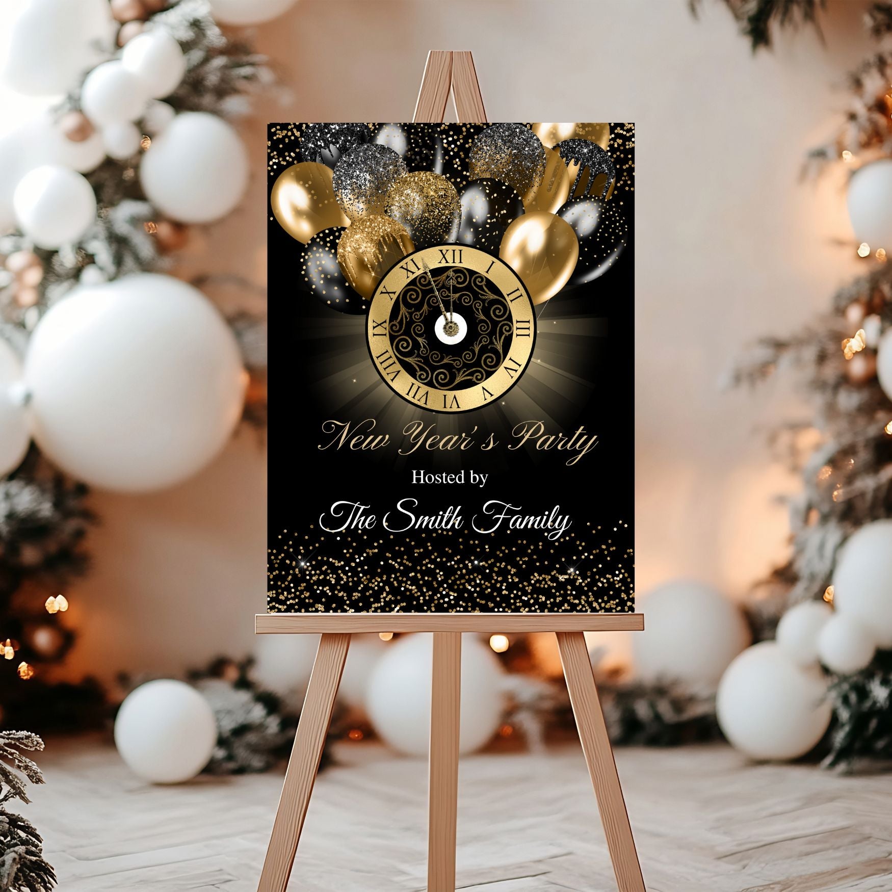 Black & Gold New Year's Eve Party Welcome Sign