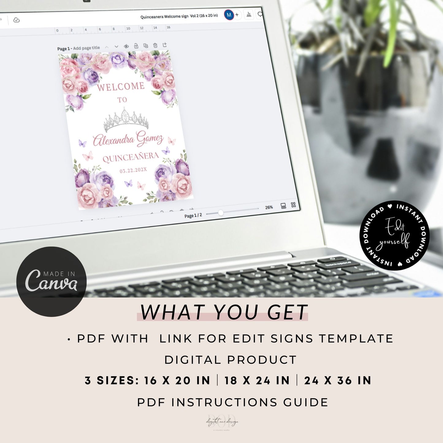 Laptop displaying a floral design on a computer screen with 'Made on Canva' branding.