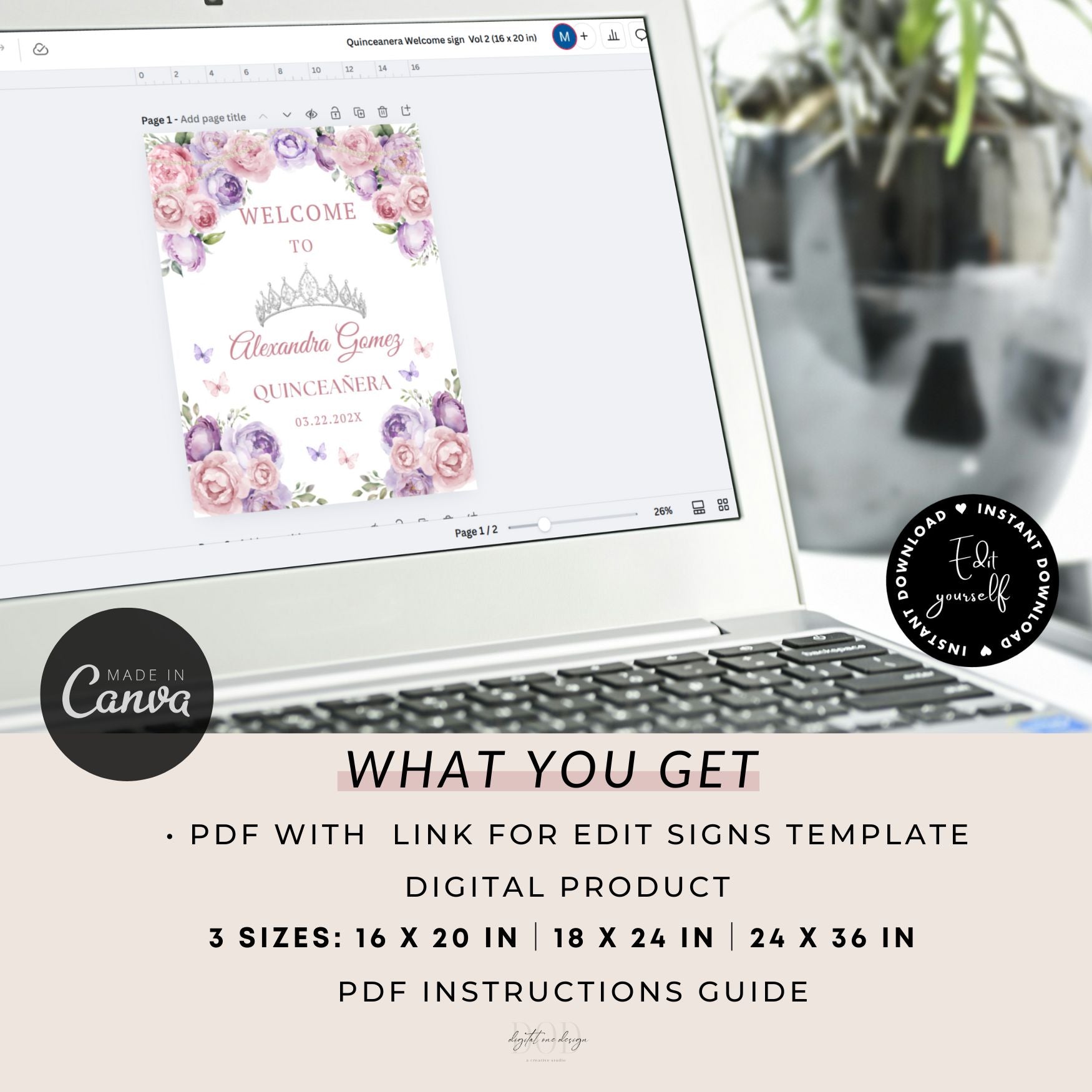 Laptop displaying a floral design on a computer screen with 'Made on Canva' branding.