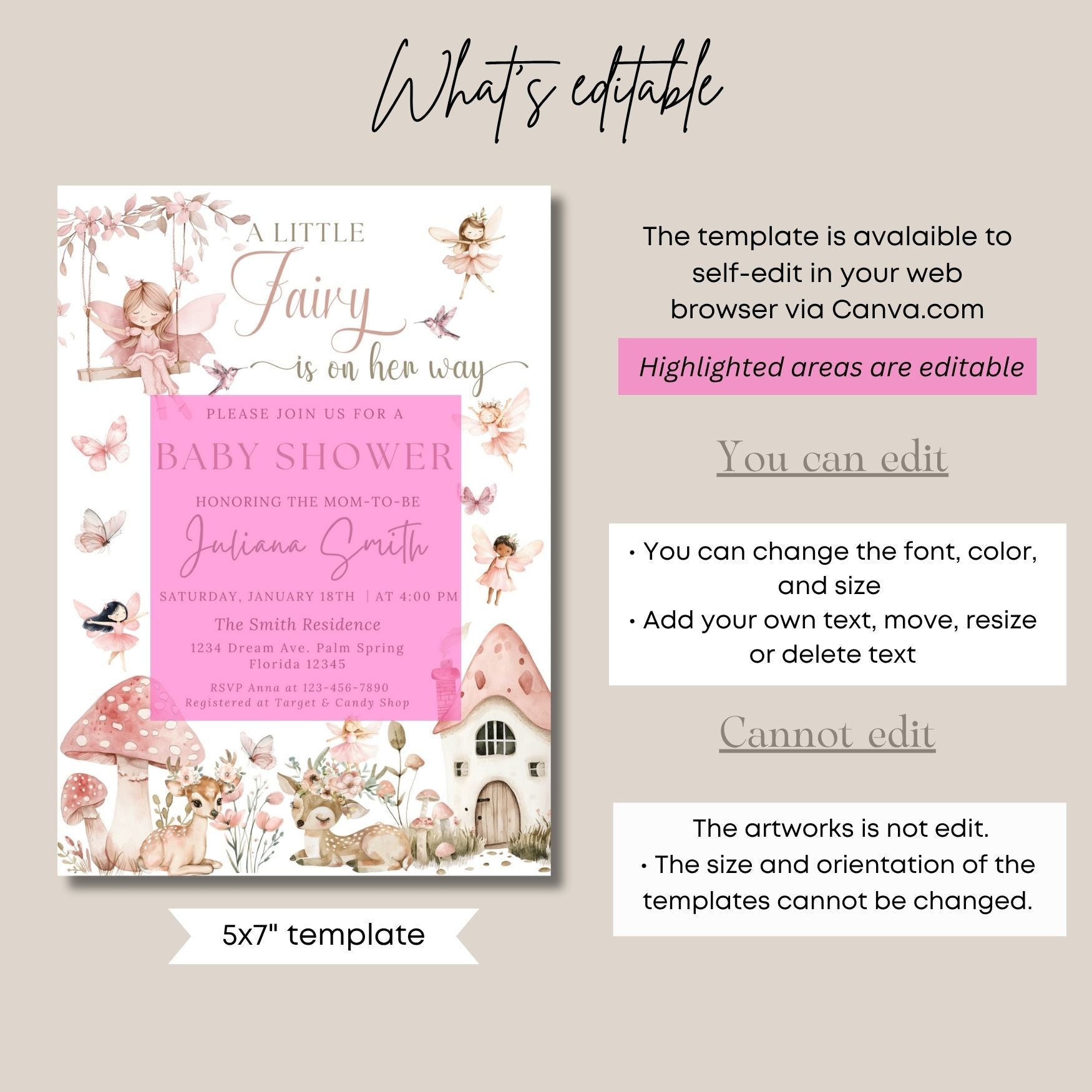 Editable and Printable Baby shower Girl invitation template with fairy elements on a beige background
