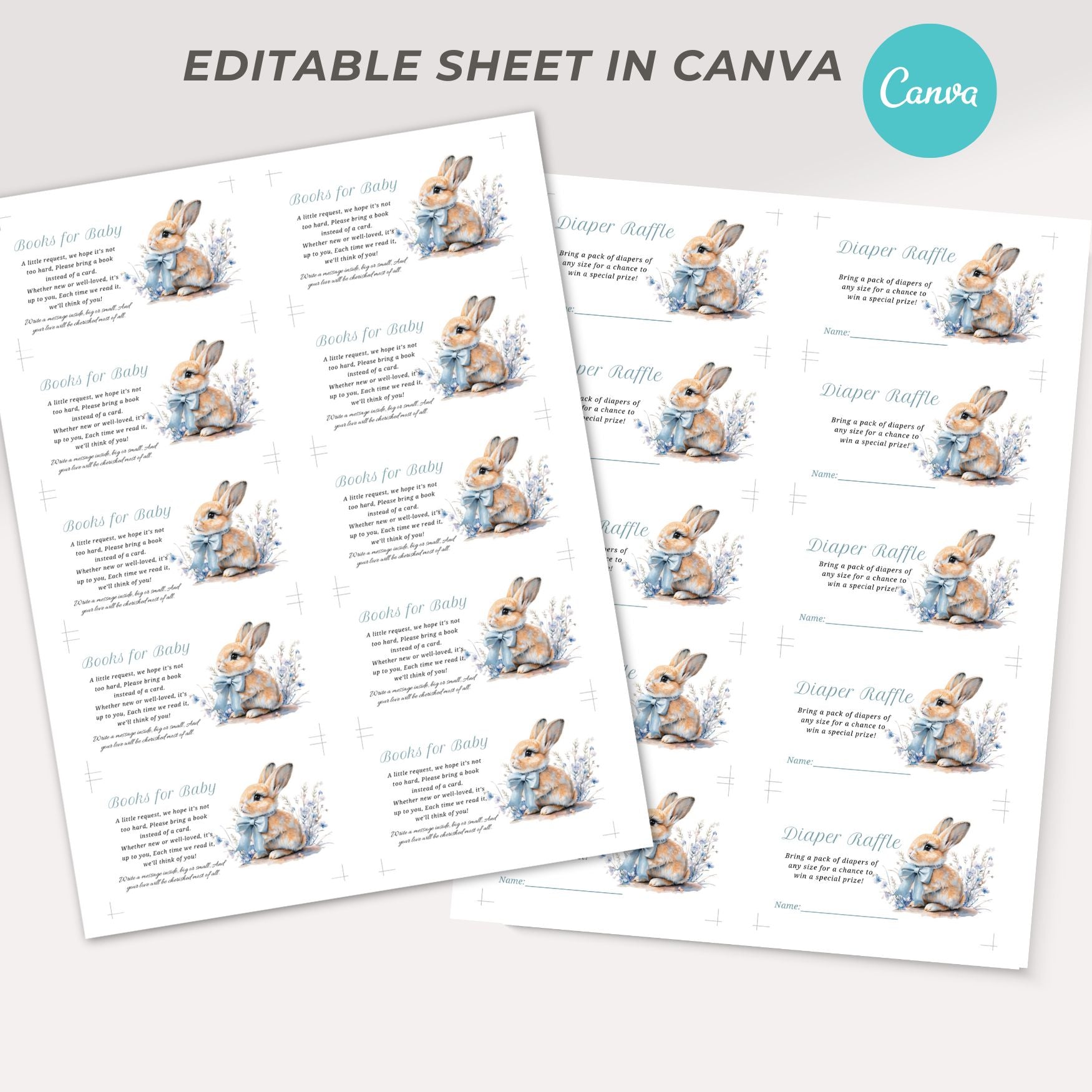 Two sheets of paper with baby shower raffle tickets featuring bunnies and text.