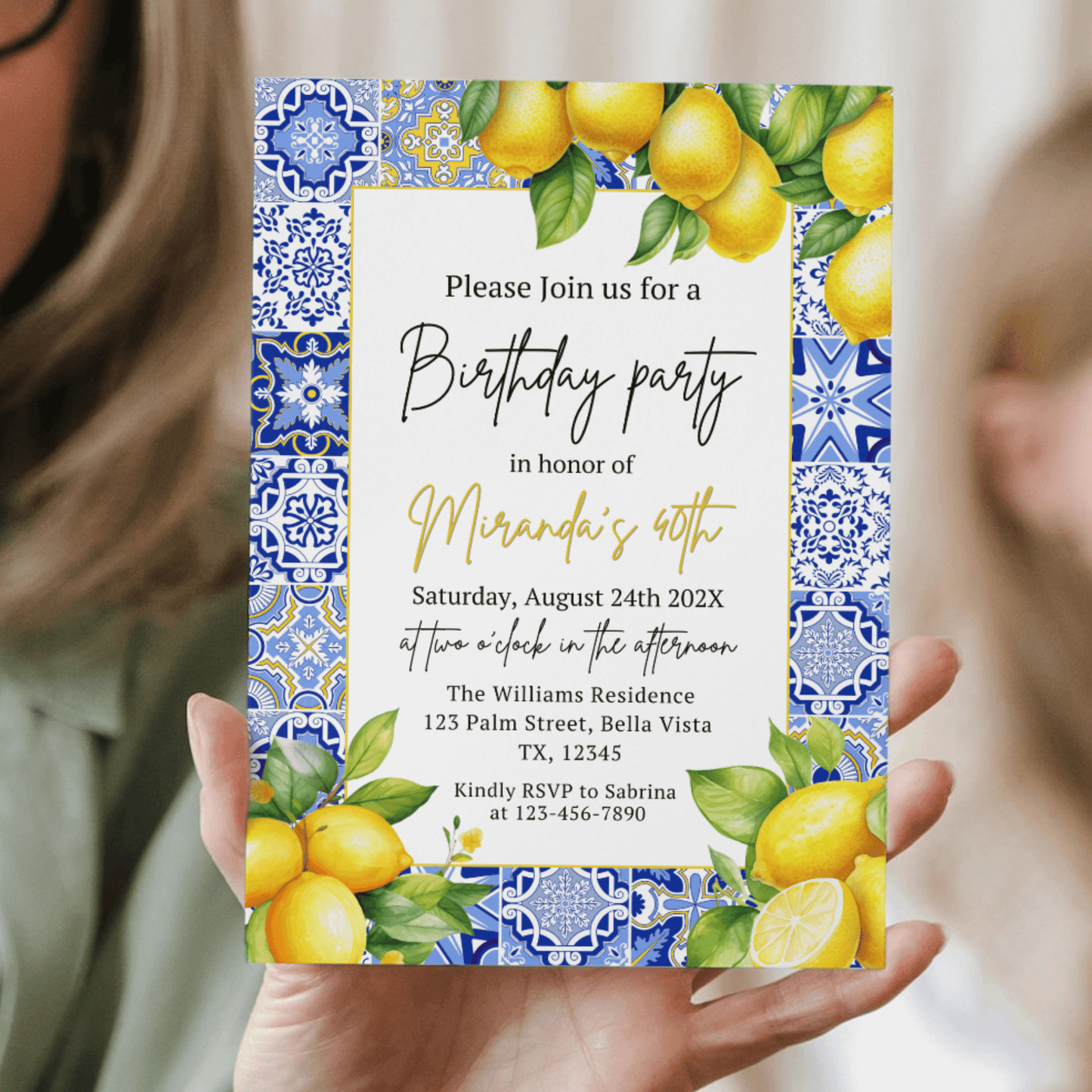 Editable Amalfi Coast Tile Lemon Birthday Invitation template