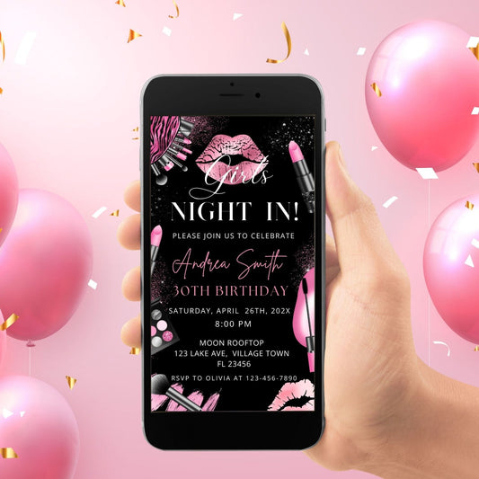 Hot Pink and Black Makeup Birthday Party Invitation