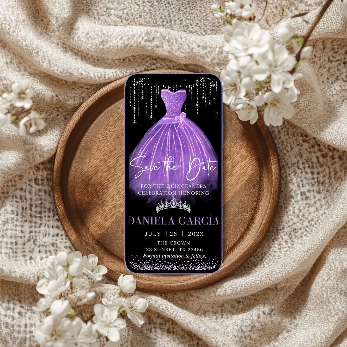 Phone case with purple dress design on a wooden plate with flowers, save the date  invitation