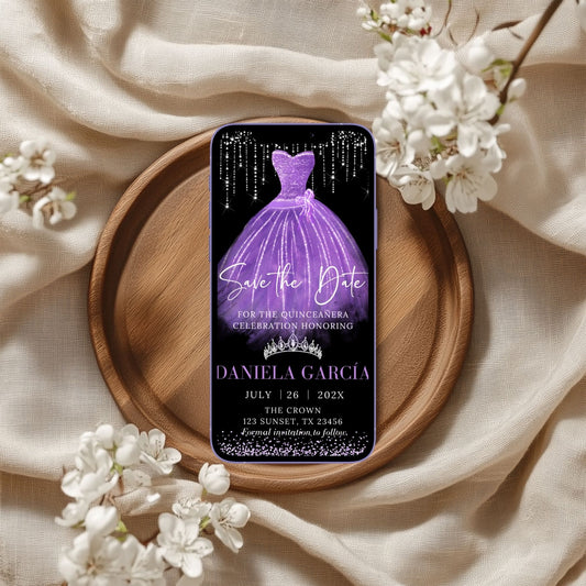 Phone case with purple dress design on a wooden plate with flowers, save the date  invitation