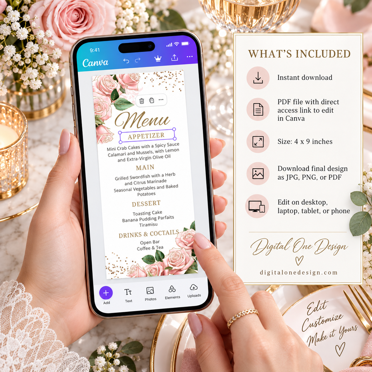 Editable Chic Pink and Gold Roses Menu Card Template