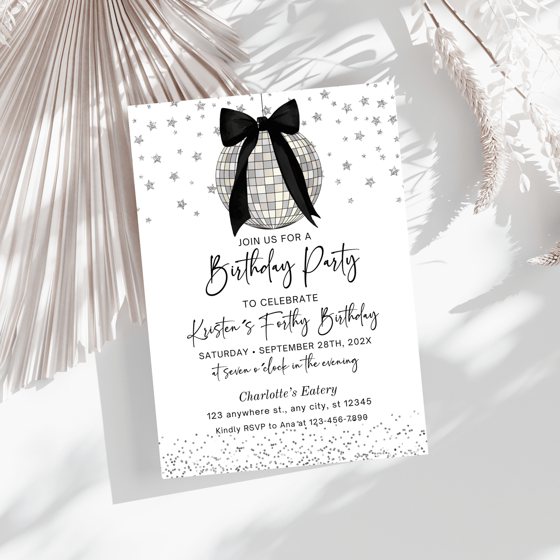 Elegant Black Bow Disco Ball Birthday Invitation