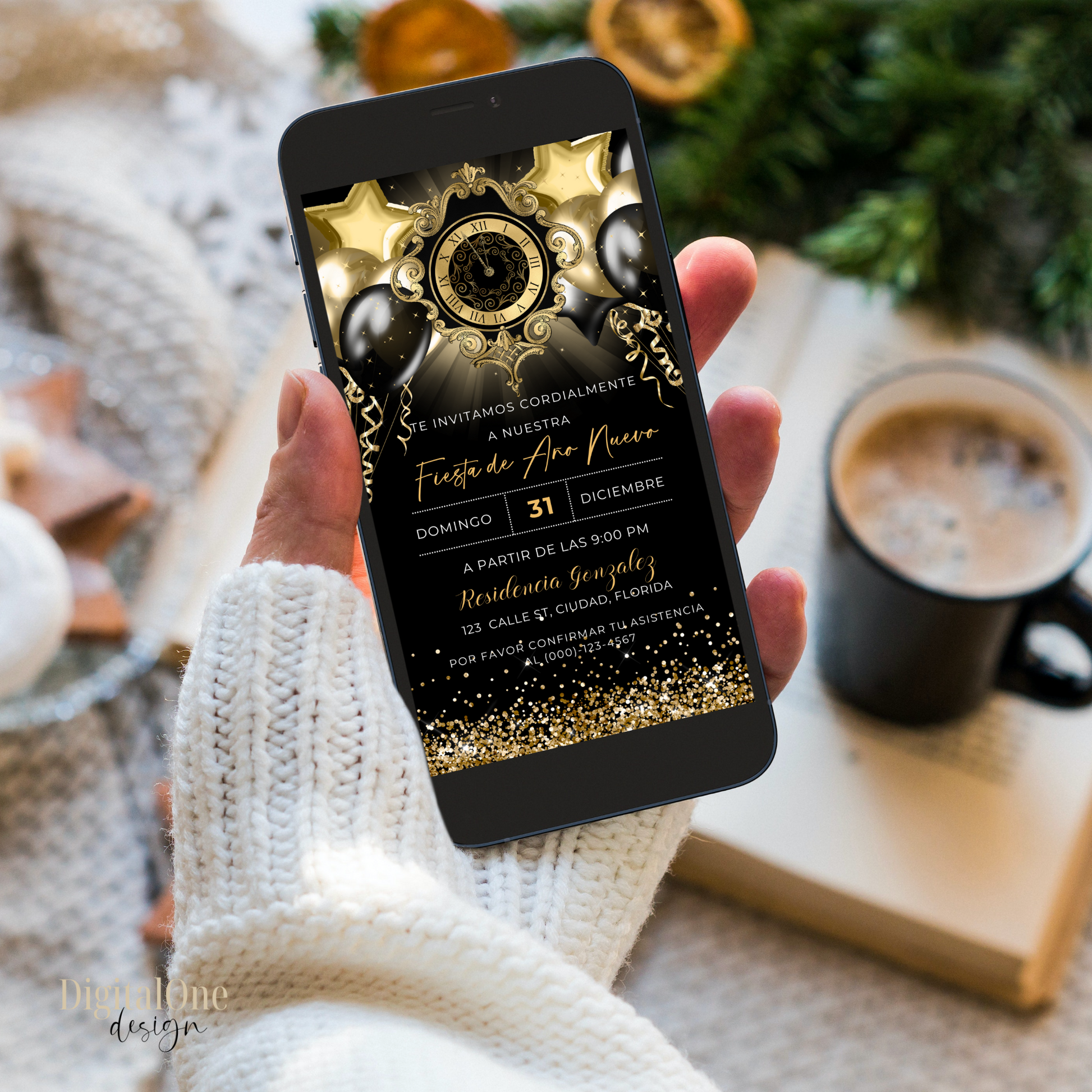 Spanish Gold Glitter Balloons and Clock Digital NYE Invite