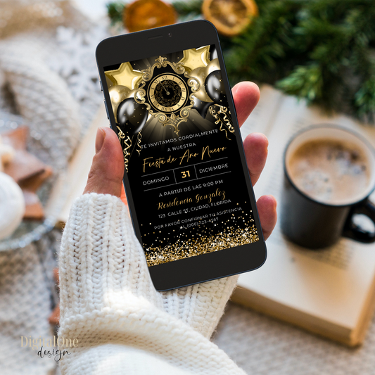 Spanish Gold Glitter Balloons and Clock Digital NYE Invite