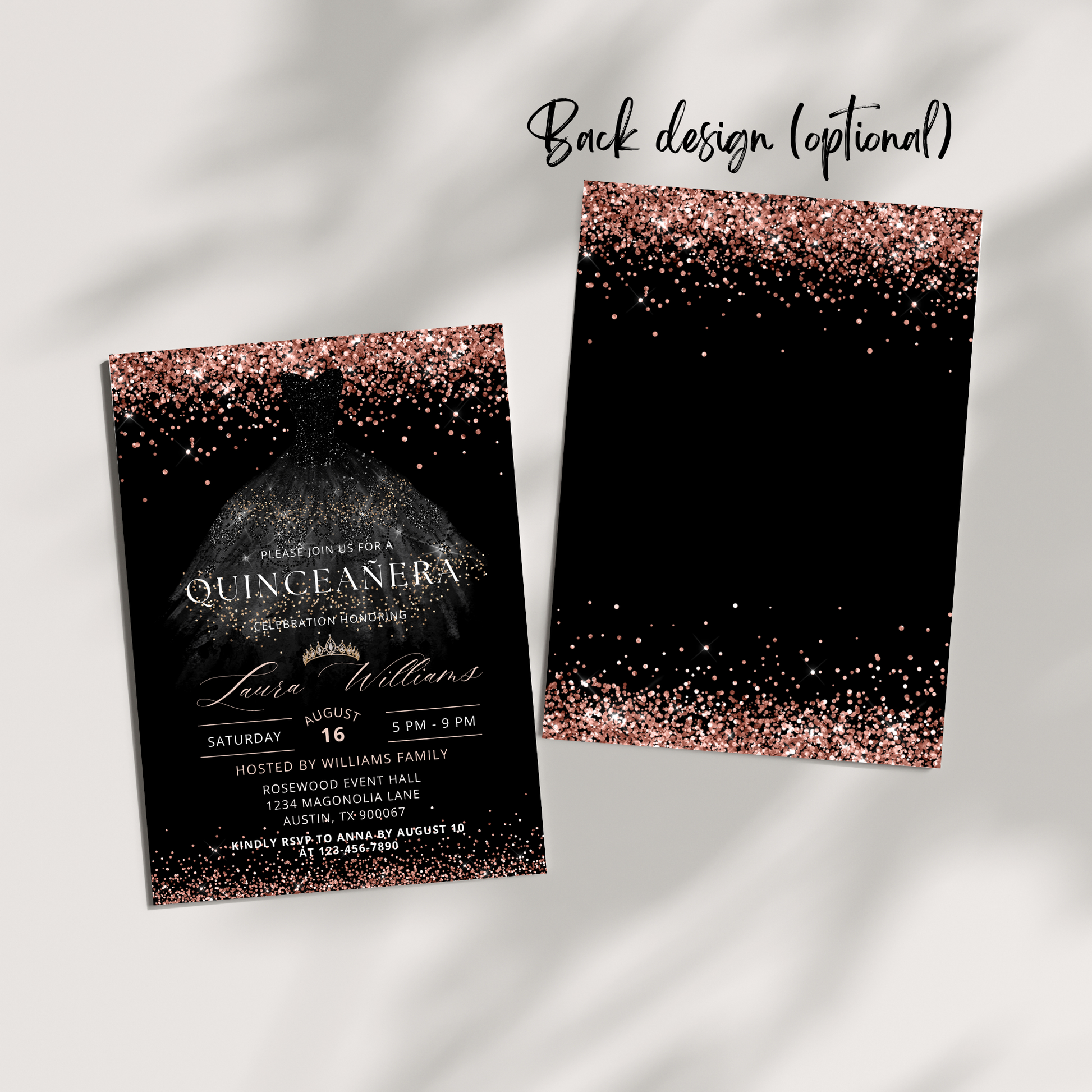 Black and Rose Gold Glitter Princess Quinceañera Invitation
