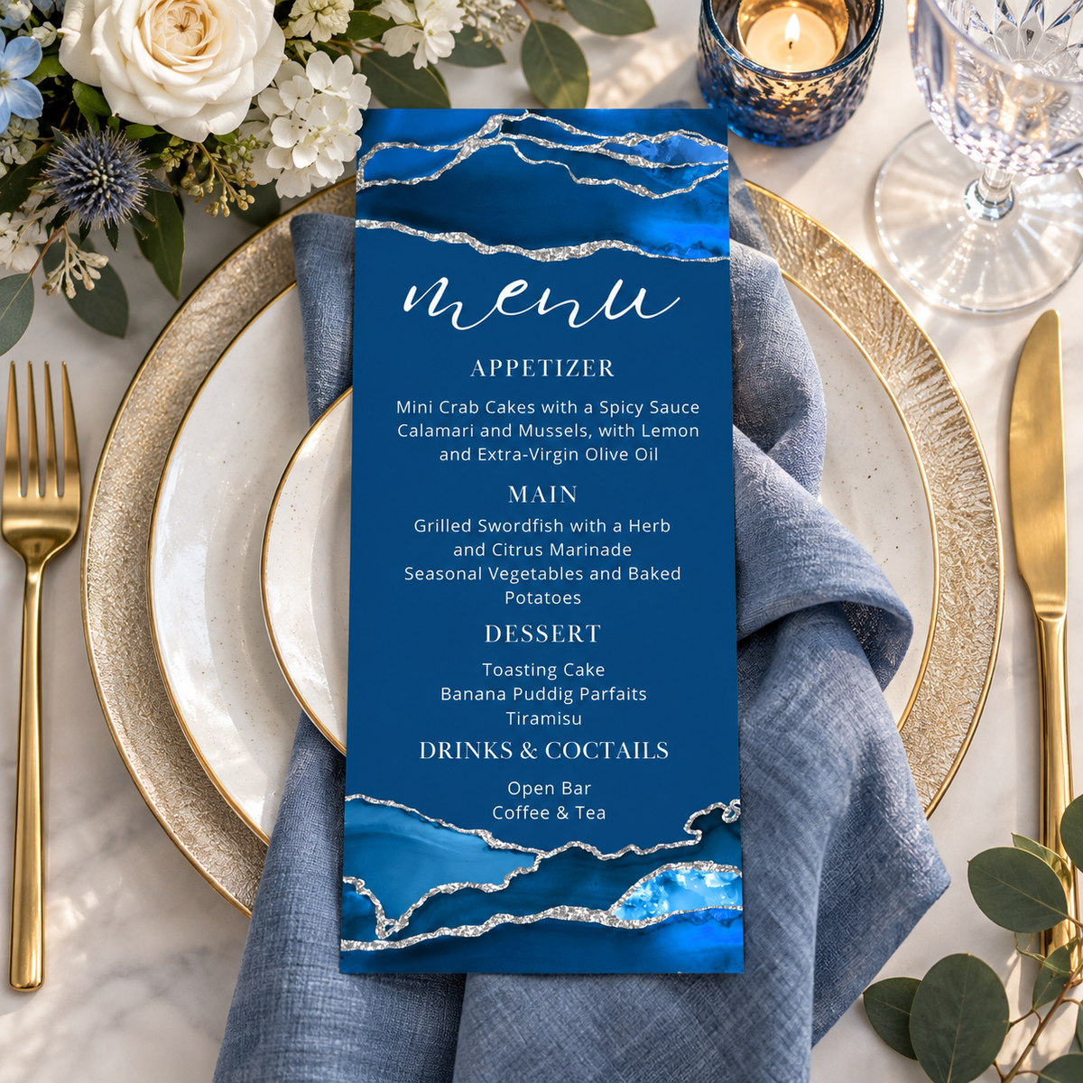 Elegant Royal Blue and silver Dinner Menu Card Template featuring a stylish menu layout with seafood and dessert options.