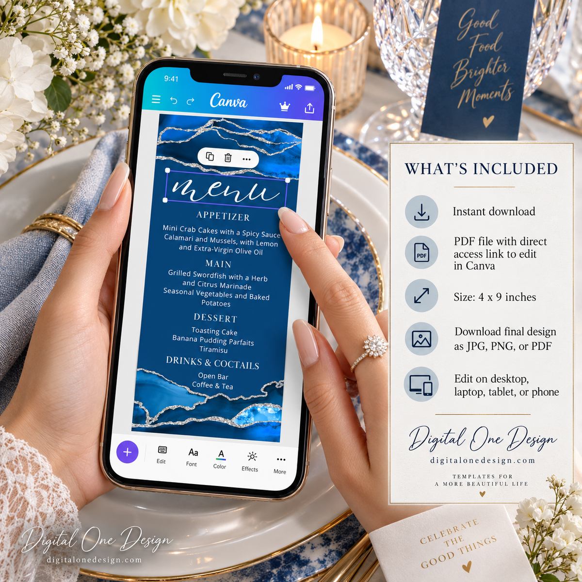 Elegant Royal Blue and silver Dinner Menu Card Template displayed on a phone with detailed menu options.
