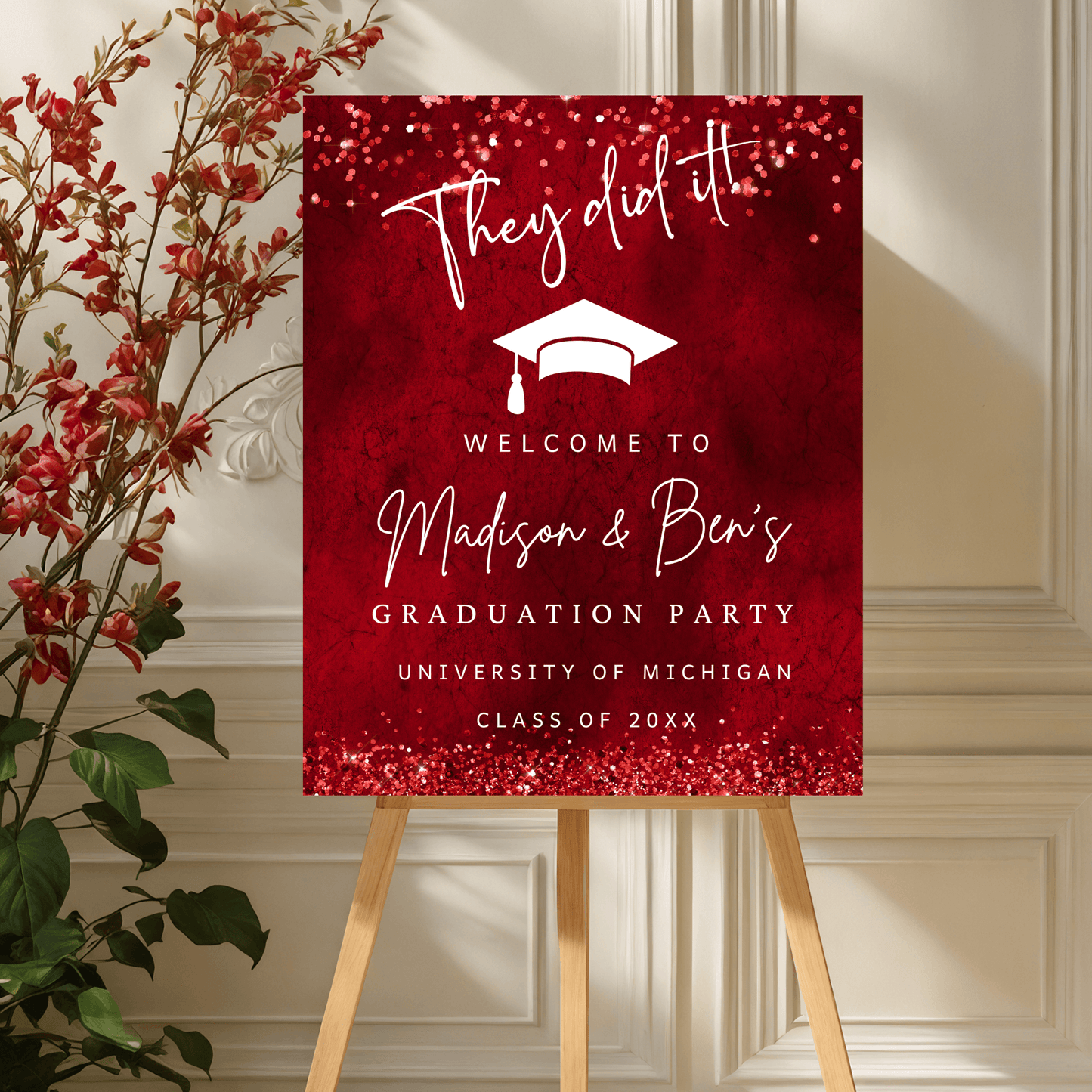 elegant red glitter graduation sign