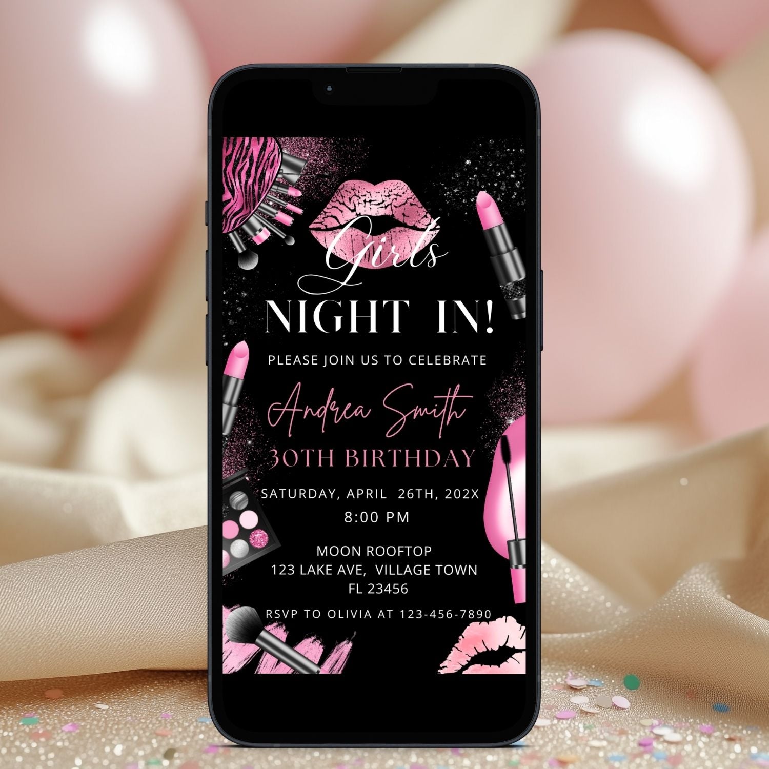 Hot Pink and Black Makeup Birthday Party Invitation