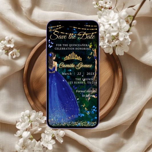 Phone displaying a Navy Blue Princess Quinceanera save the date invitation with floral decorations.