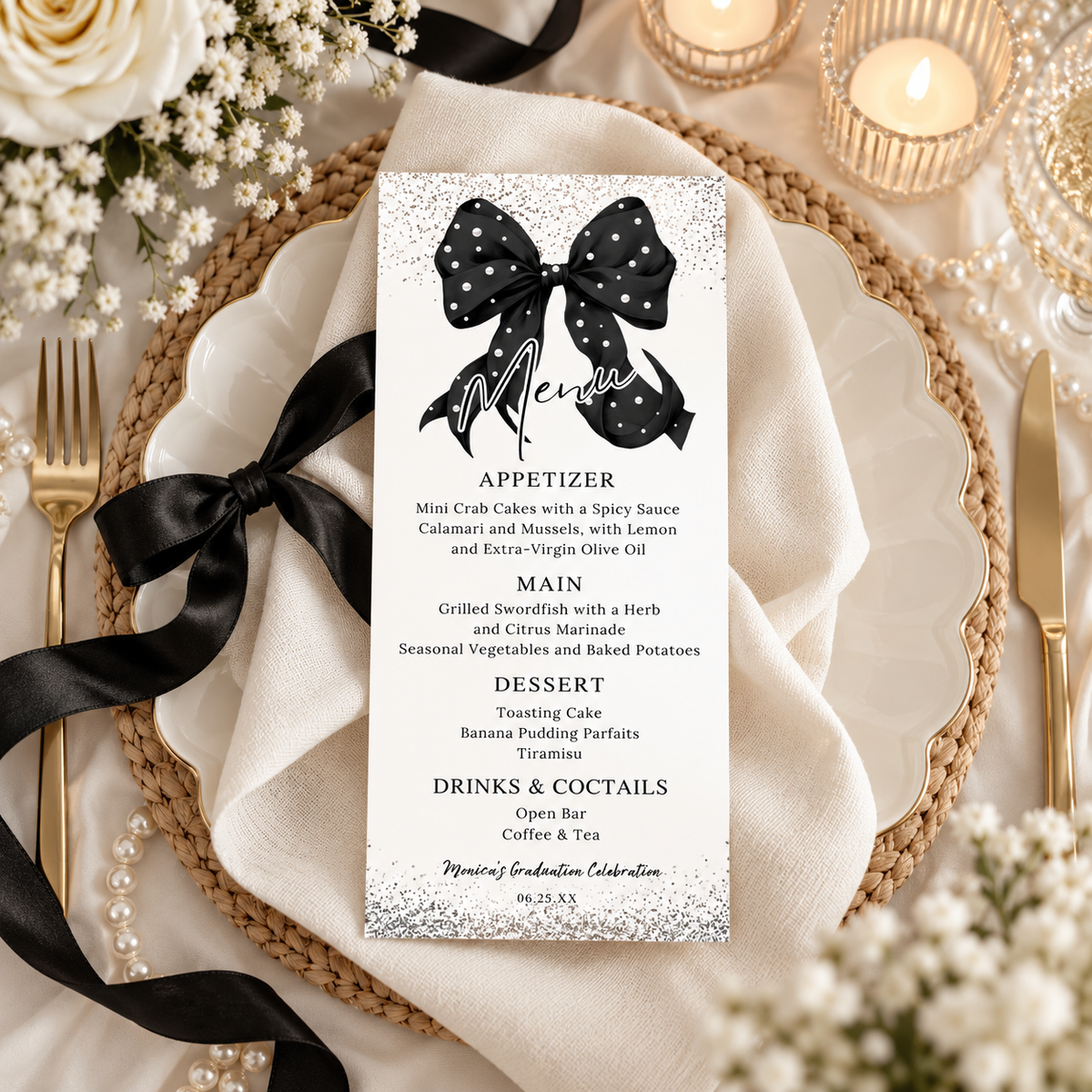 Elegant Black Bow Graduation Menu Card with Pearls displayed on a beautifully set dinner table.