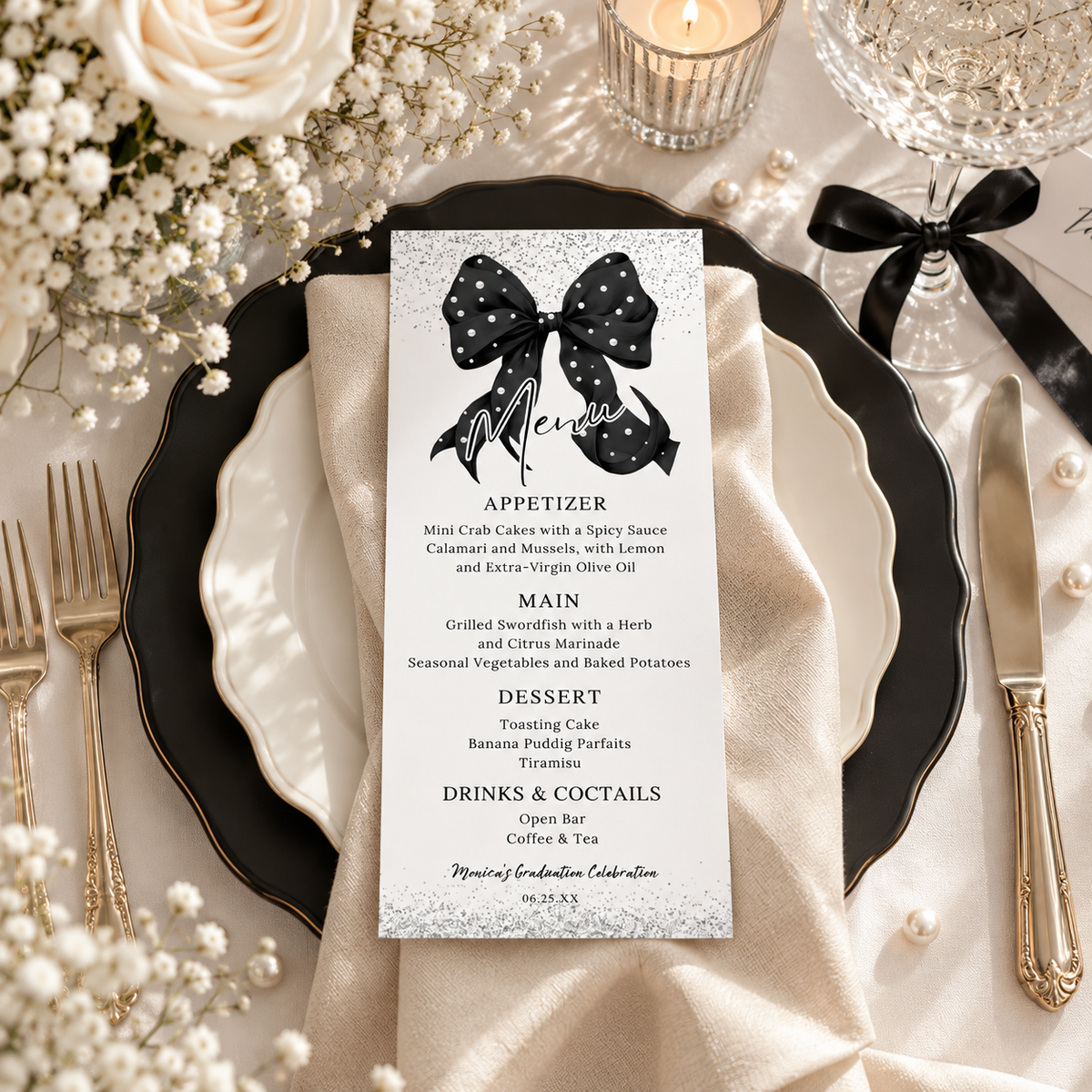 Elegant Black Bow Graduation Menu Card with Pearls displayed on an elegant dinner table setting.