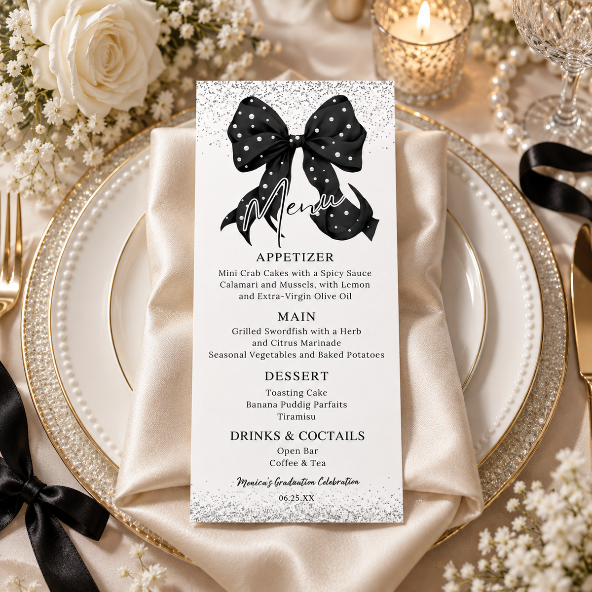 Elegant Black Bow Graduation Menu Card with Pearls displayed on a dinner plate with decorative elements.