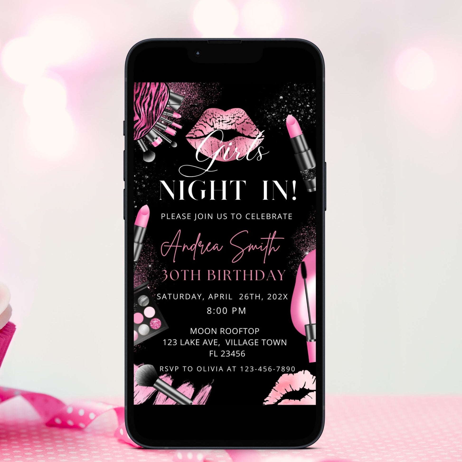 Hot Pink and Black Makeup Birthday Party Invitation