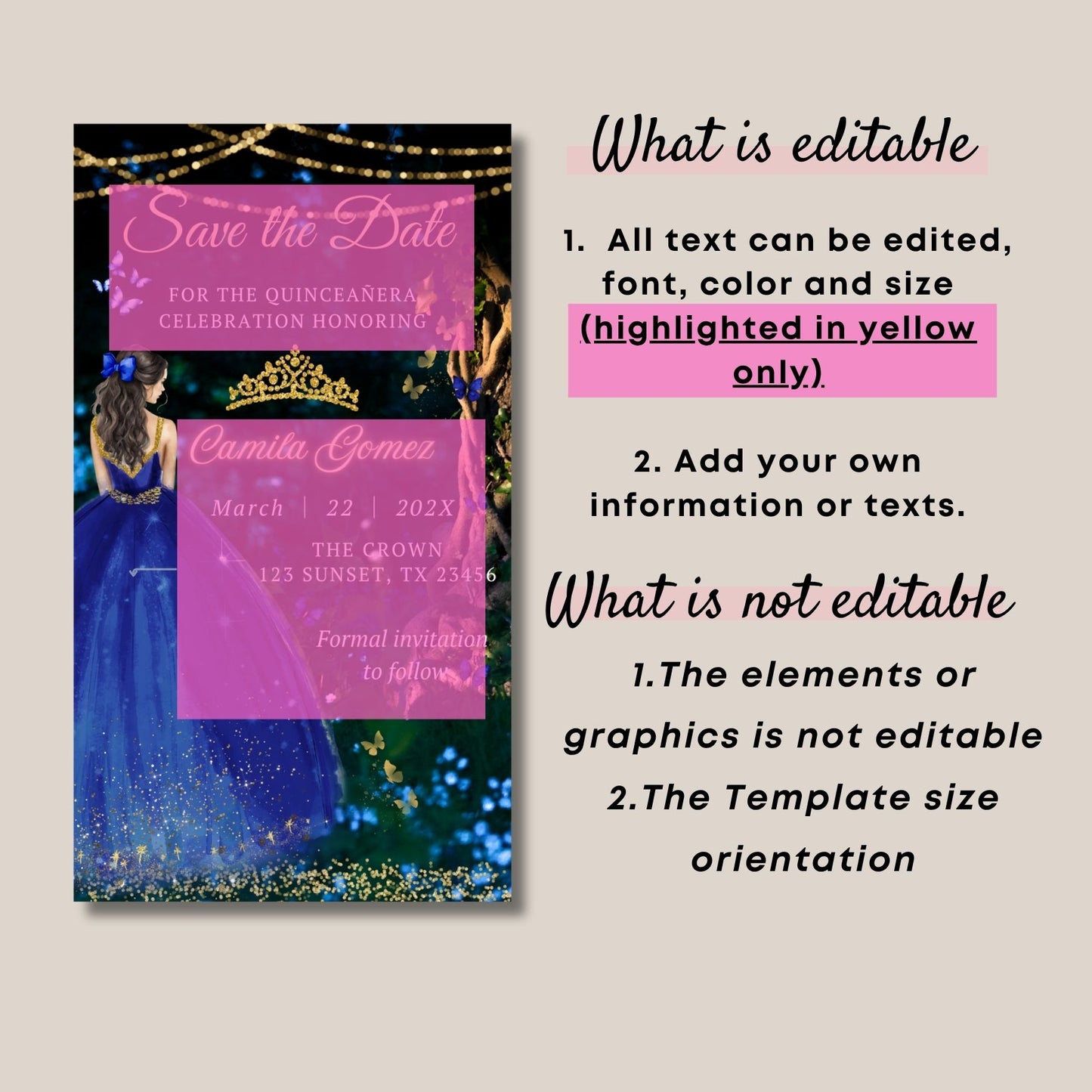 Navy Blue Quinceañera invitation card with editable text on a beige background