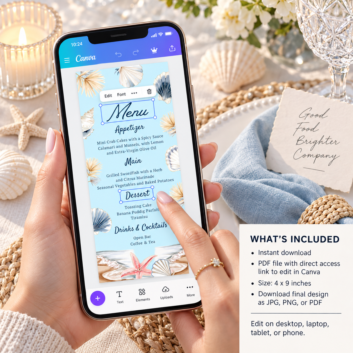Editable Summer Coastal Beach Menu Card Template displayed on a phone with beach-themed elements for a seaside event.