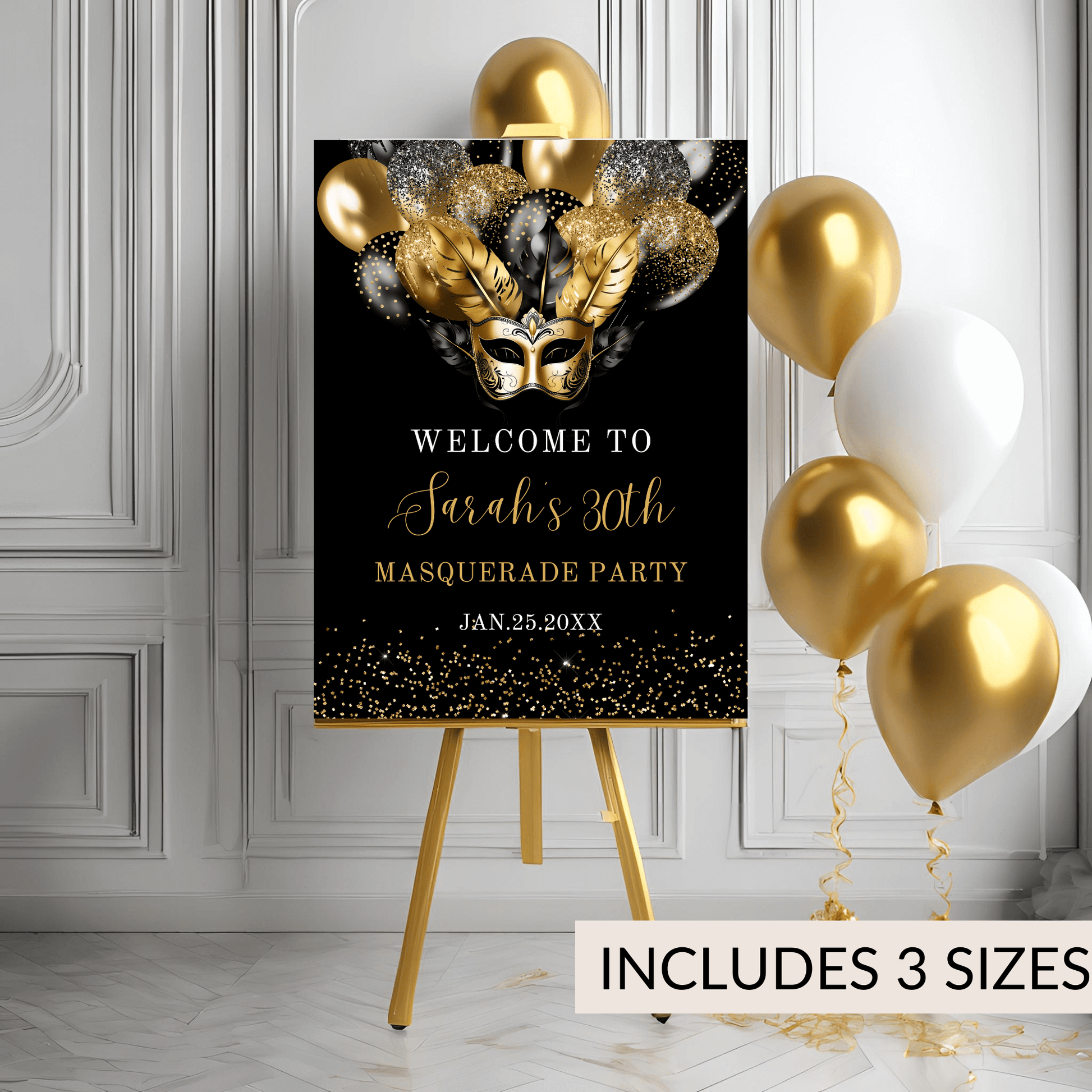 Gold and Black Masquerade Birthday Party Welcome Sign