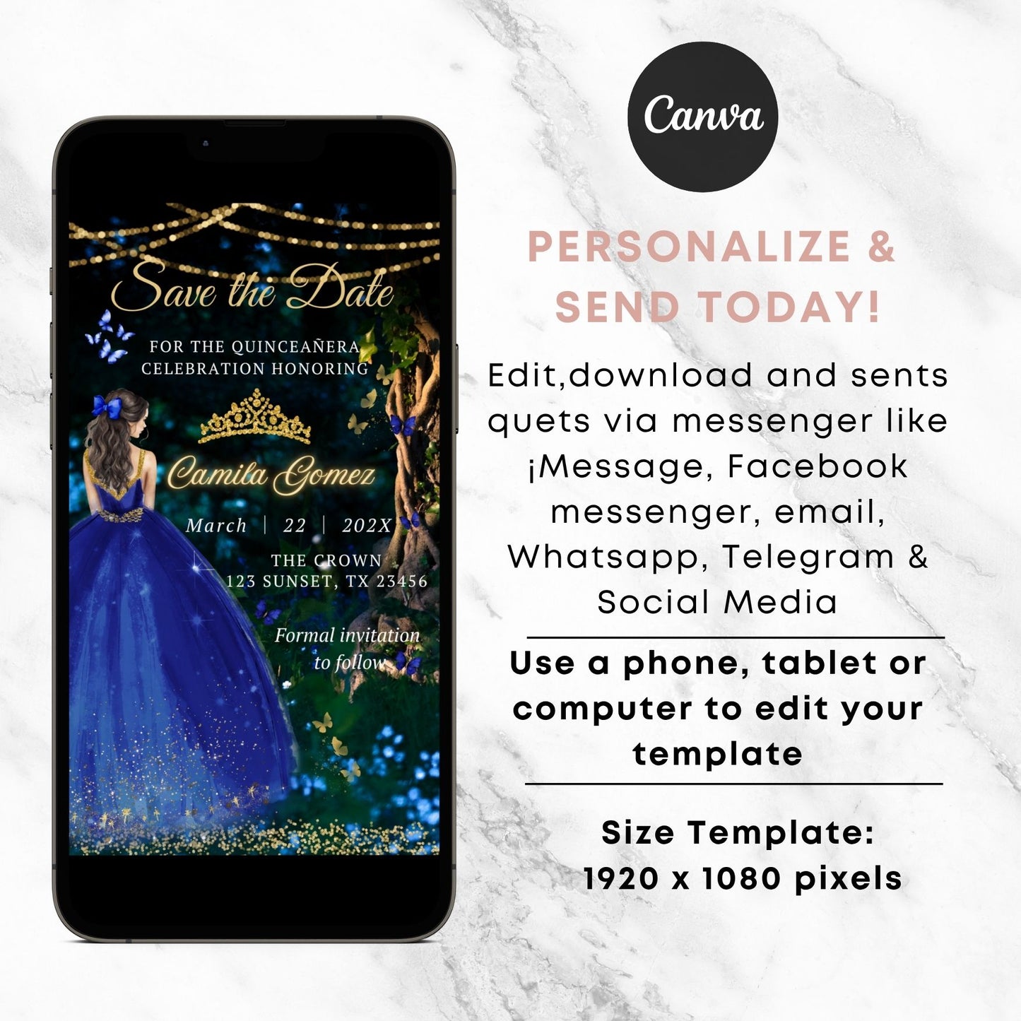 Phone displaying a quinceañera invitation editable in 'Canva' and text about customization and sending.
