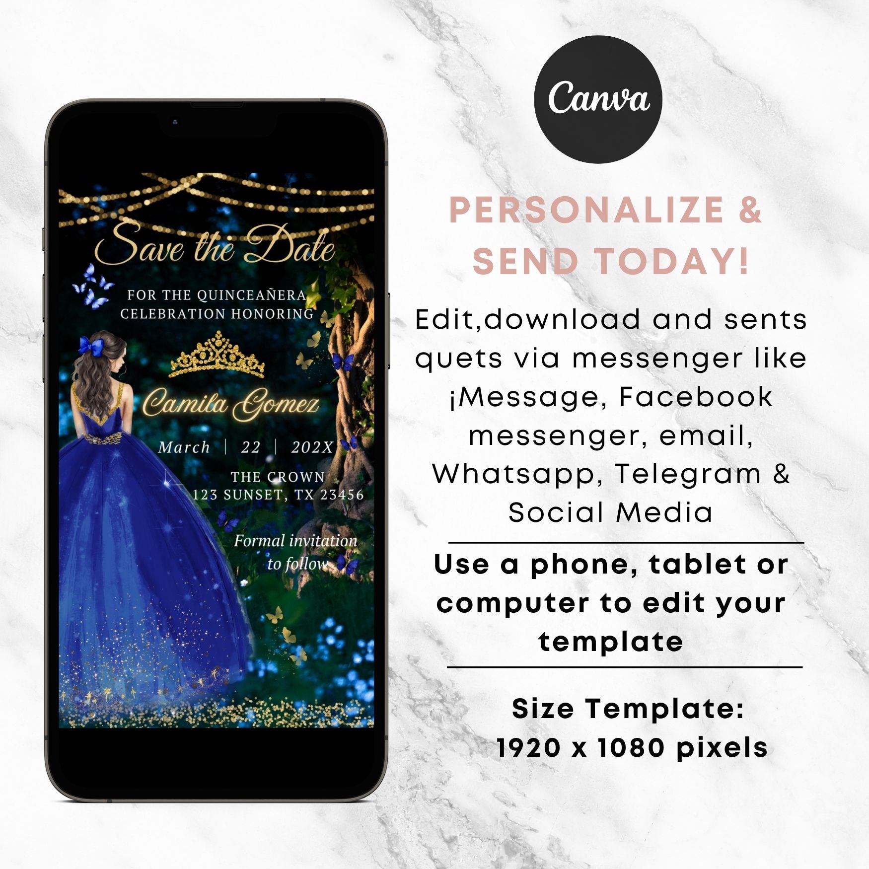 Phone displaying a quinceañera invitation editable in 'Canva' and text about customization and sending.