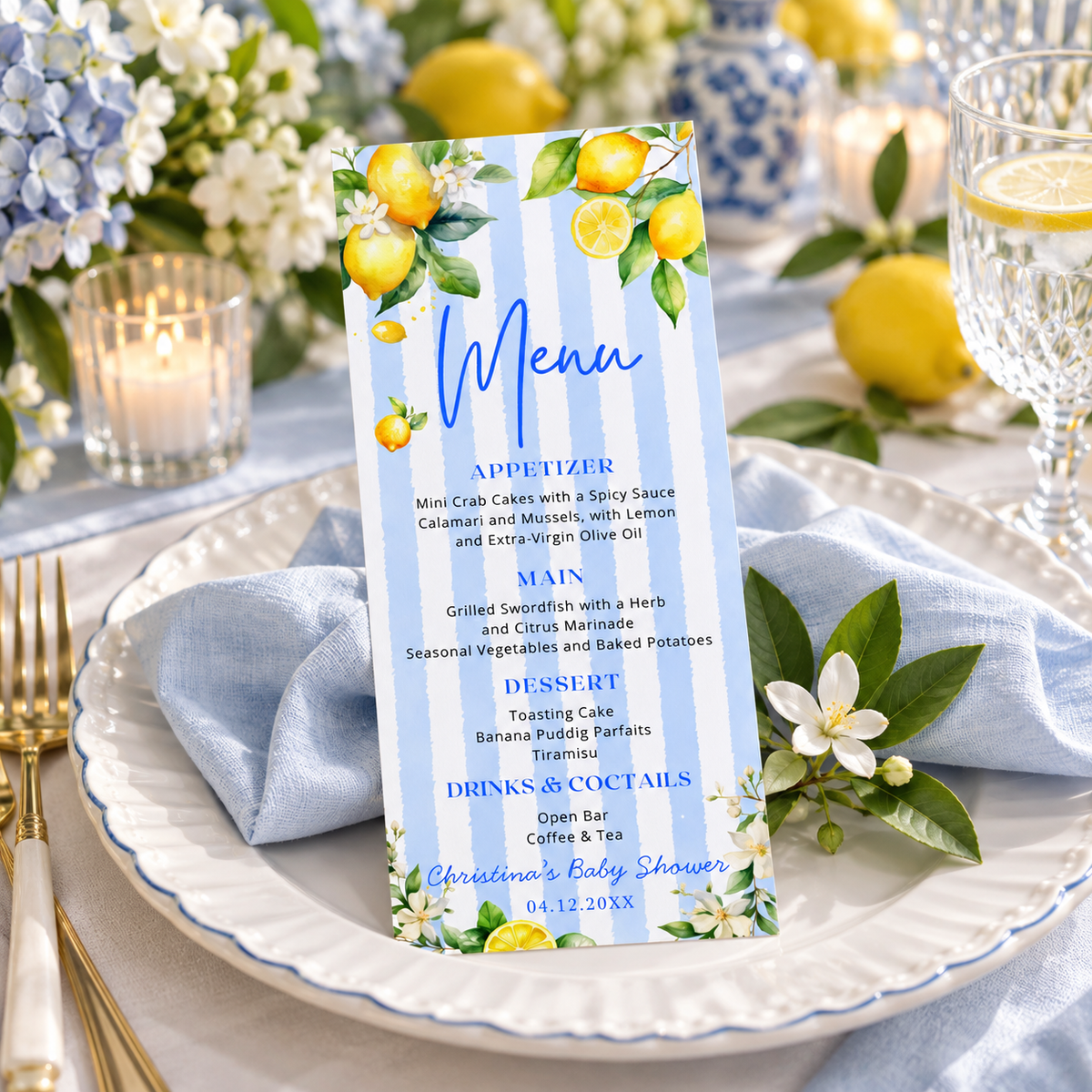 Editable Ciao Baby Citrus Lemon Menu Card featuring lemon motifs for a vibrant baby shower celebration.