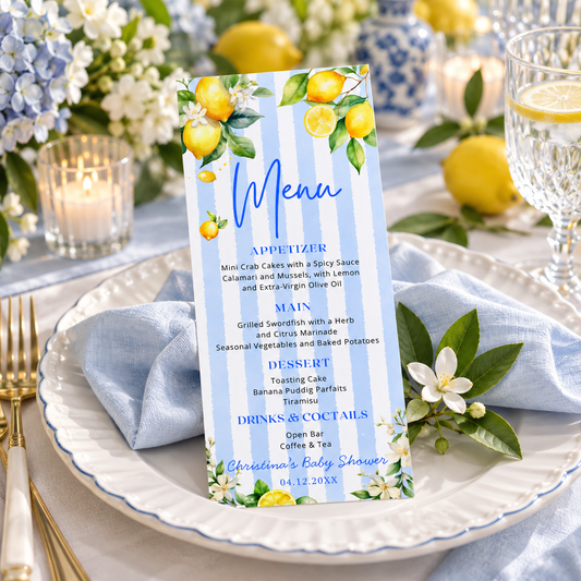 Editable Ciao Baby Citrus Lemon Menu Card featuring lemon motifs for a vibrant baby shower celebration.