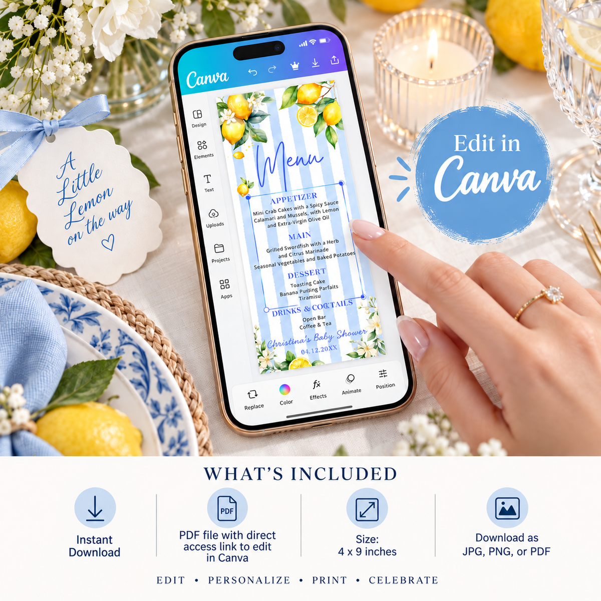 Editable Ciao Baby Citrus Lemon Menu Card displayed on a mobile device with vibrant lemon motifs and a beautiful table setting.