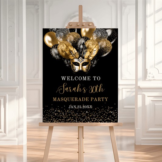 Gold and Black Masquerade Birthday Party Welcome Sign