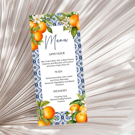 Menu card template with orange-themed design 