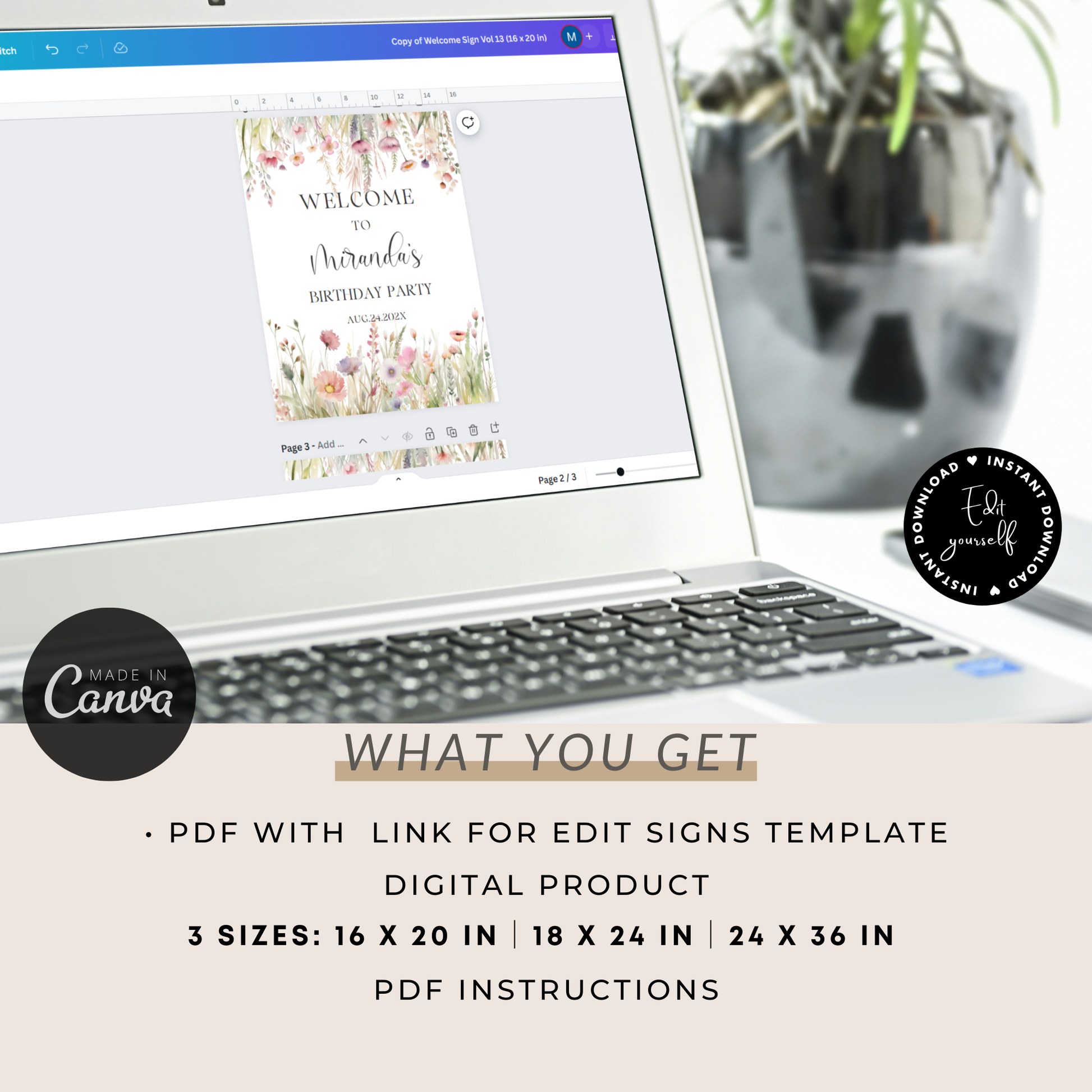 editable watercolor wildflowers birthday welcome sign
