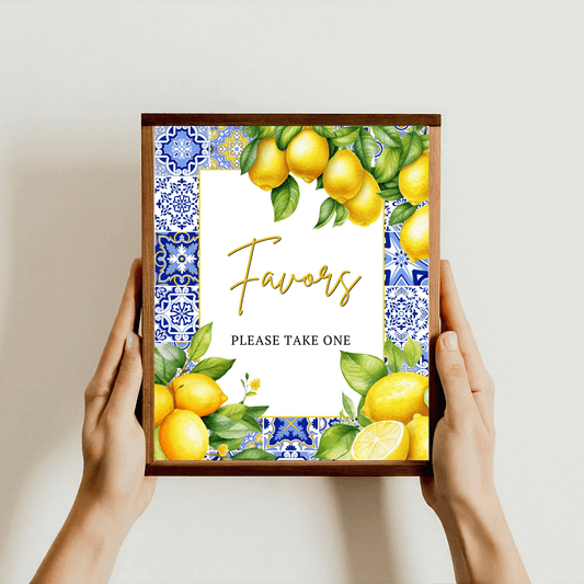 Printable Mediterranean Blue tile Citrus lemon Favors sign