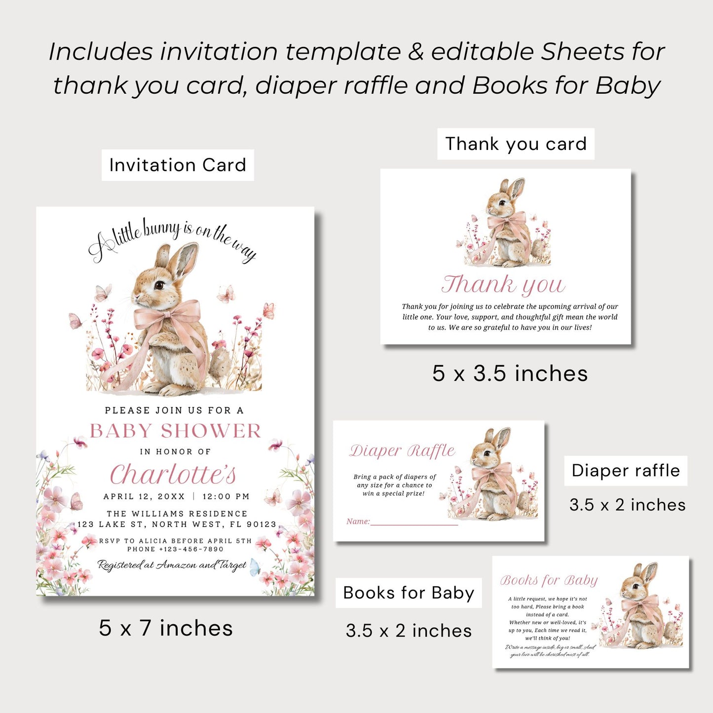 Baby shower invitation set with rabbit theme, including an invitation card, thank you card, diaper raffle, and books for baby.