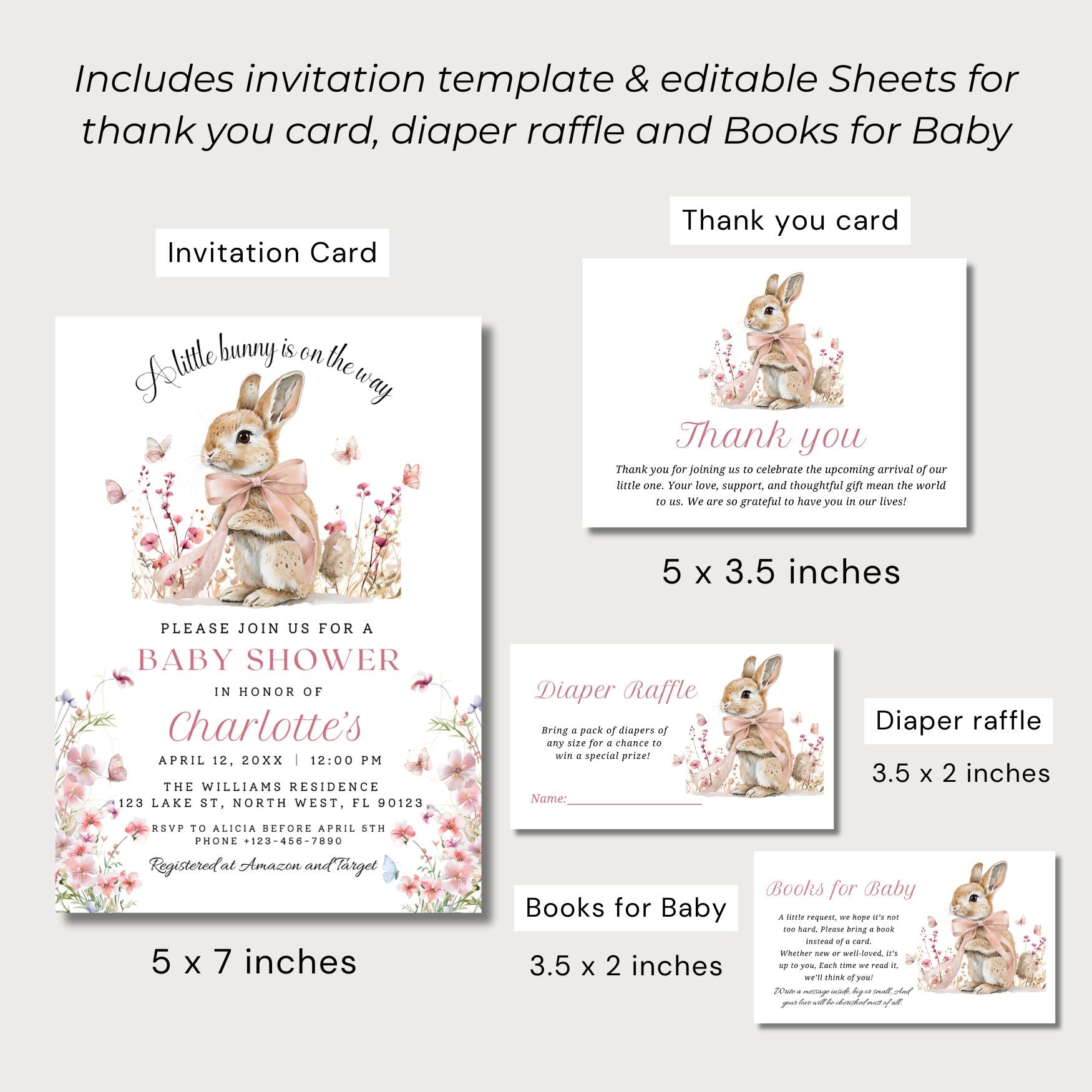 Baby shower invitation set with rabbit theme, including an invitation card, thank you card, diaper raffle, and books for baby.