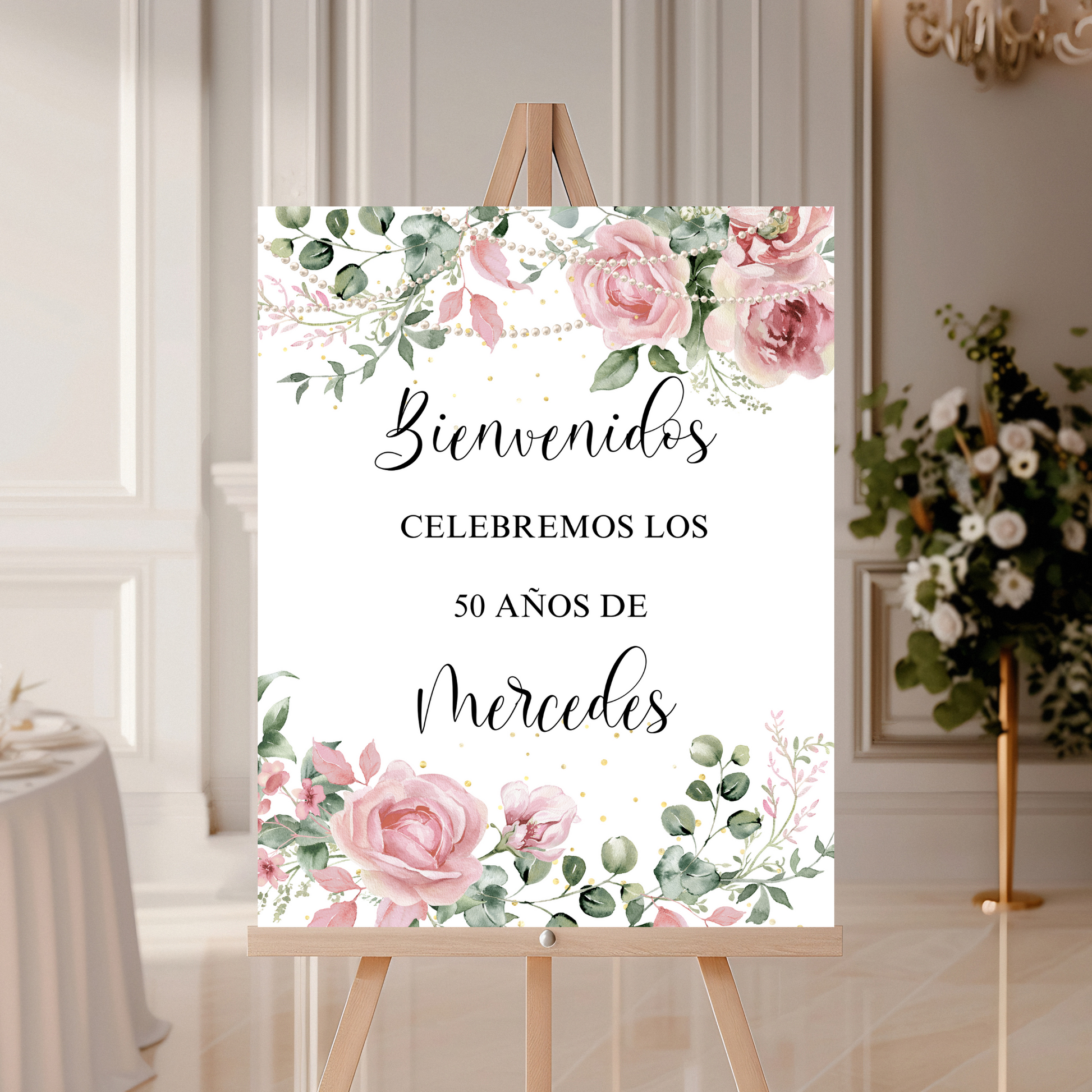 Decorative sign with floral design and text on an easel in a room setting.