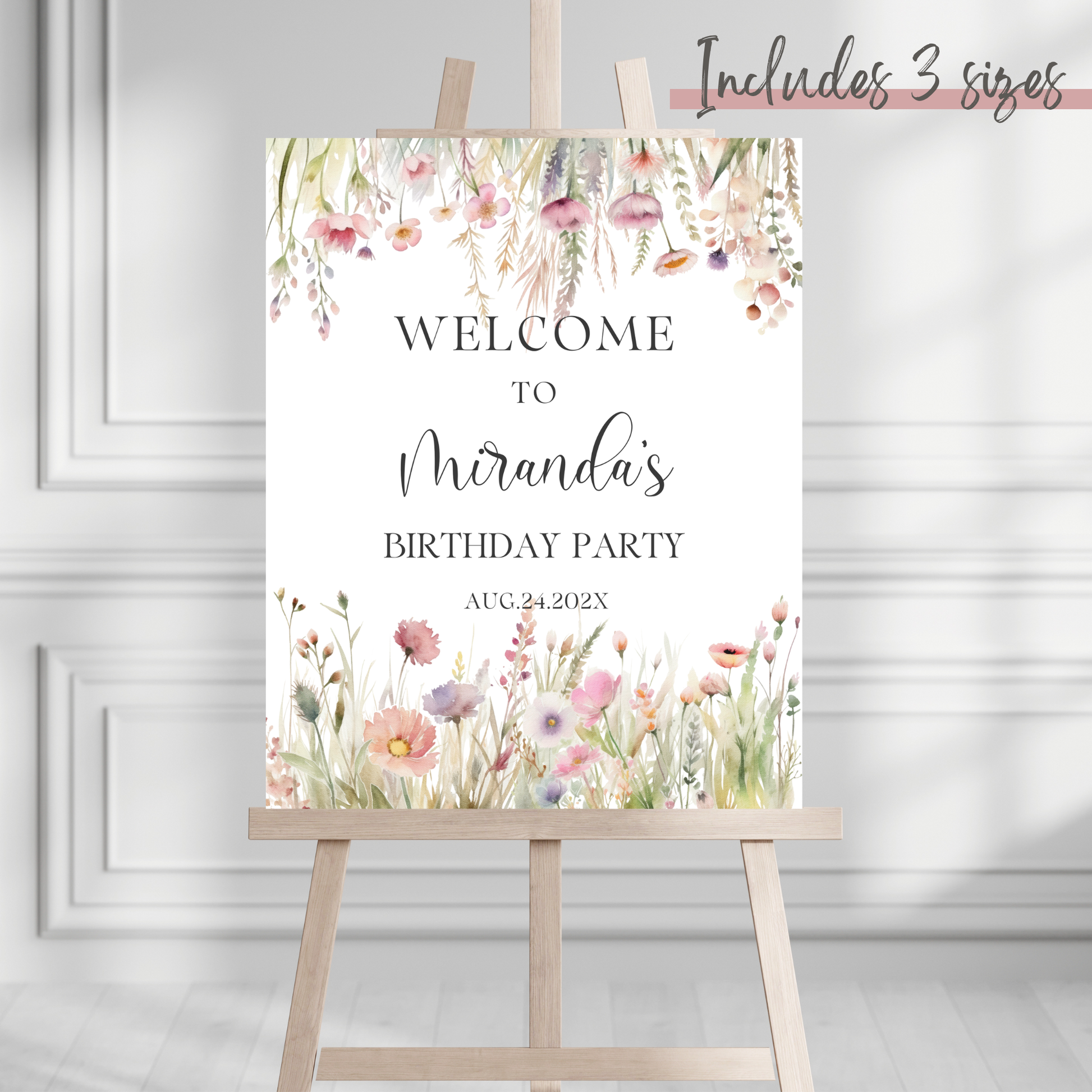 editable watercolor wildflowers birthday welcome sign