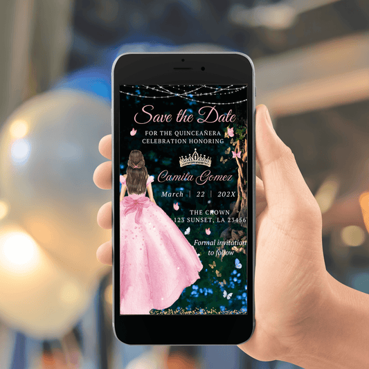 Enchanted Forest Pink Quinceanera Save the date