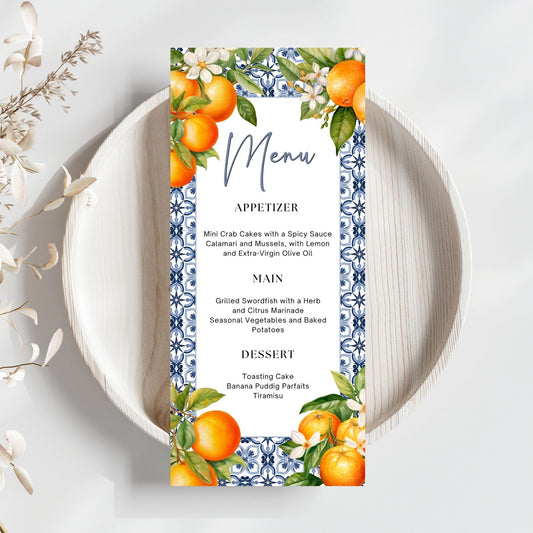 Editable Menu card with orange and floral design on a white plate