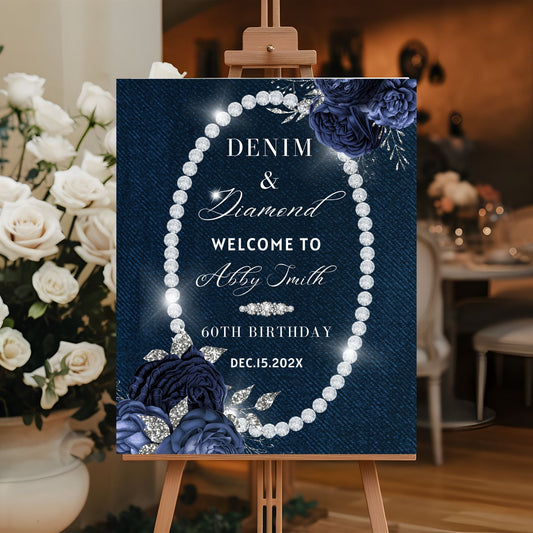 Decorative sign with 'Denim & Diamond' theme on an easel with flowers in the background