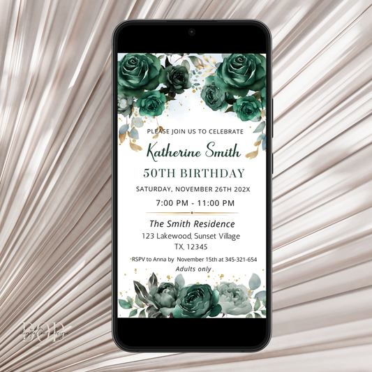 Elegant Emerald Green Floral Birthday Invitation