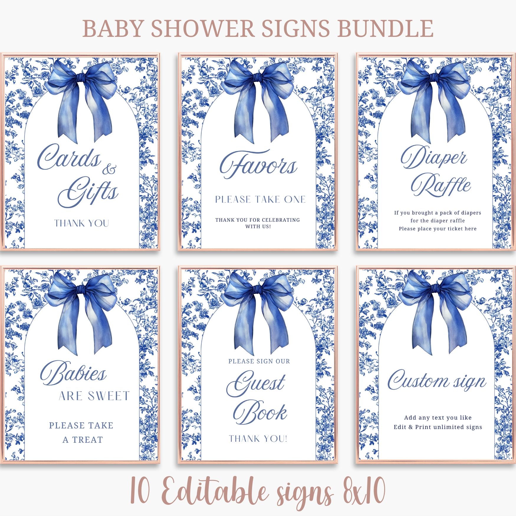 Baby shower signs bundle with Royal blue bows and floral patterns on a white background.