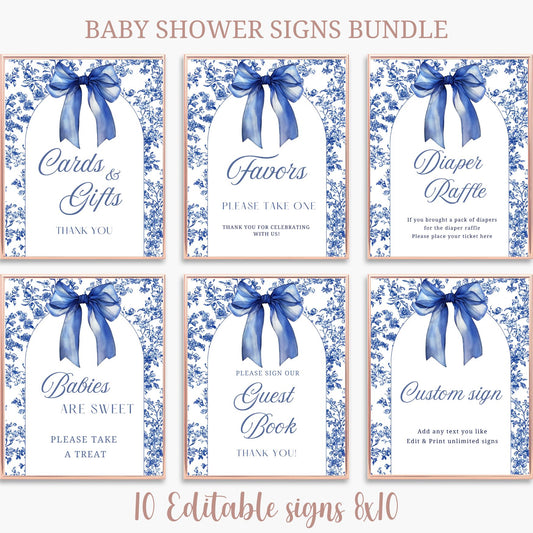 Baby shower signs bundle with Royal blue bows and floral patterns on a white background.